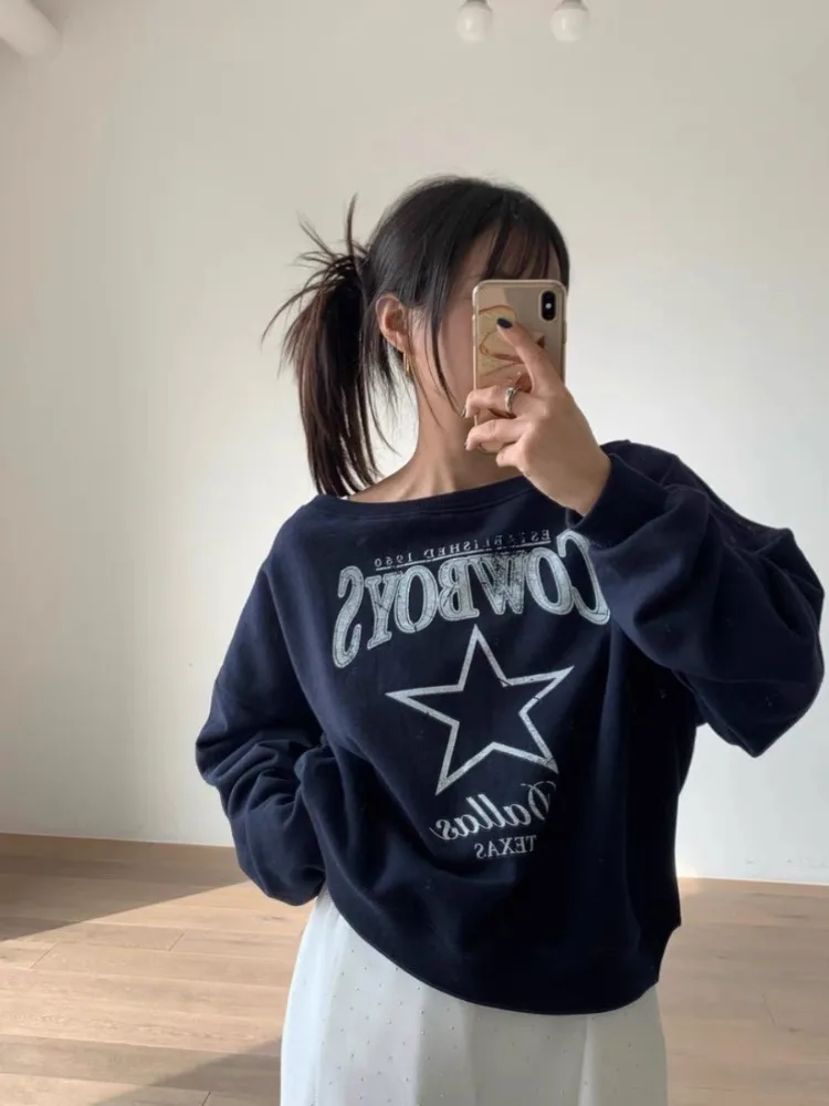 HOUZHOU Korean Style Graphic Sweatshirts Women Off Shoulder Oversized Vintage Y2k Letter Printed Pullovers Casual Streetwear
