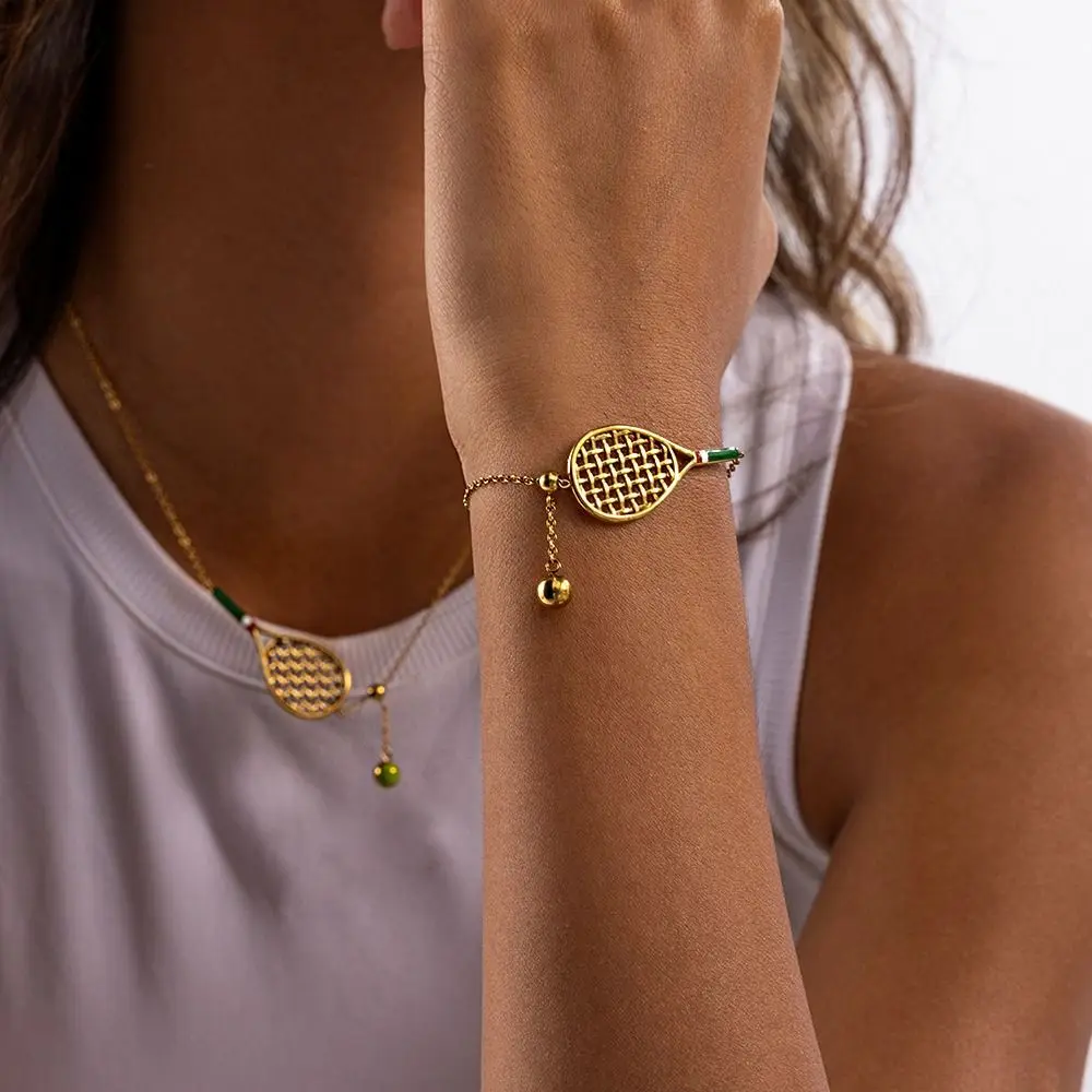 Metal Chain Tennis Racket Necklace Stainless Steel Oil Drip Enamel Tennis Racket Bracelet 18K Gold Plated Retro
