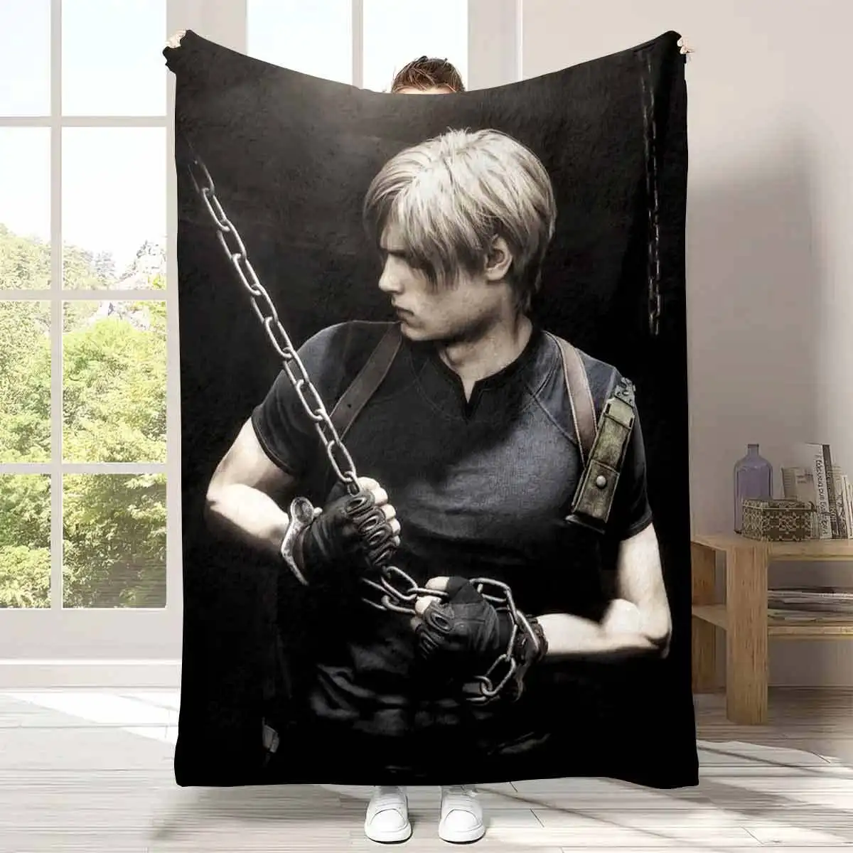 1pc R-Resident Evil Leon Kennedy Flannel Blanket, Game Fans Throw Blanket All-Season Soft Warm Bedspread for Bedroom Living Room