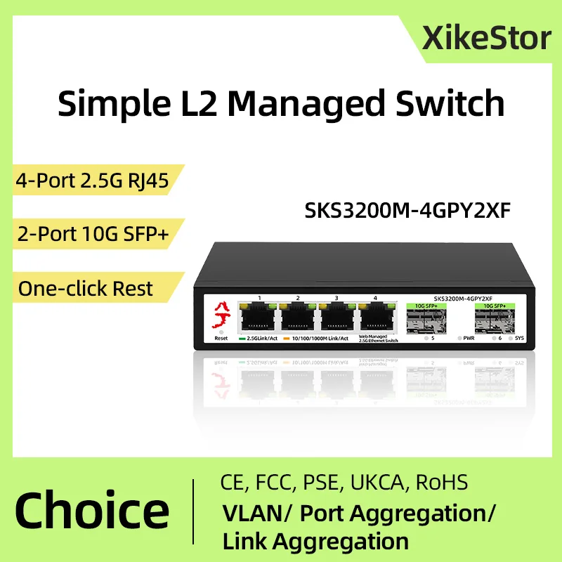 XikeStor Simple L2 Managed 4-Port 2.5G RJ45 2-Port 10G SFP+ 2.5G Ethernet  Support LACP/VLAN/ Port Aggregation