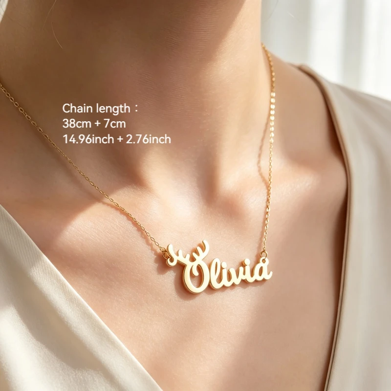 Custom Name Necklace for Women Personalized Deer Antler Cursive Script Nameplate Pendant Gold Color Chain Fashion Jewelry Gift