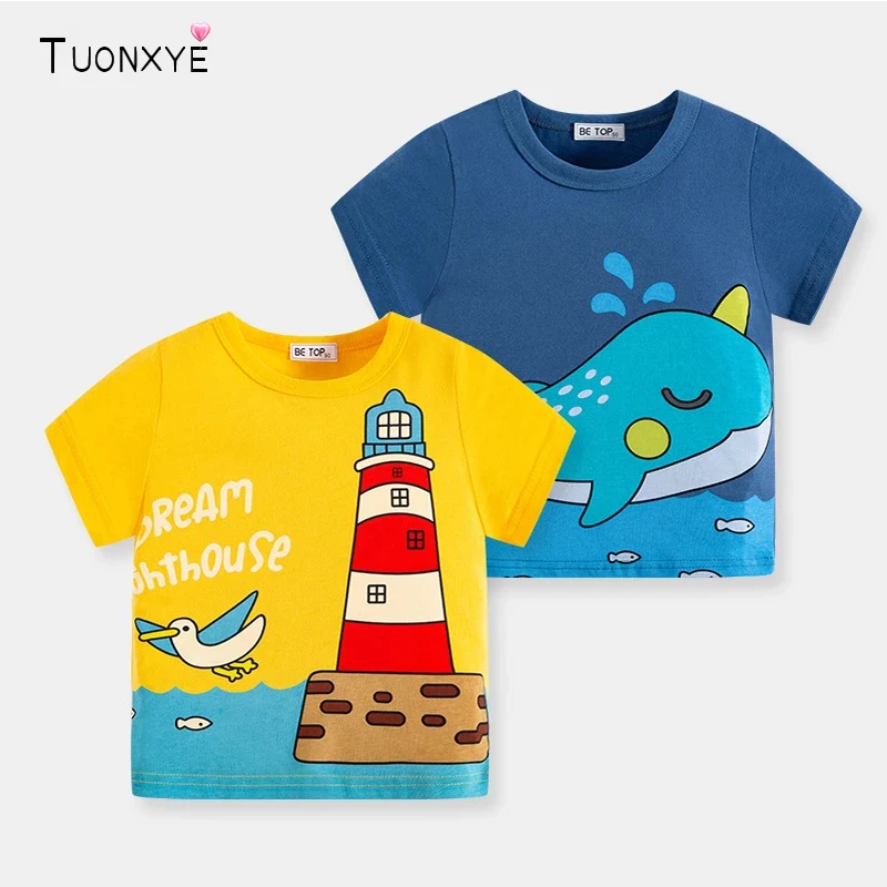 TUONXYE Summer Boys T-shirts Tops Clothes Cartoon Whale lighthouse Children Round Neck Short sleeve Knitting Cotton 2 3 7years