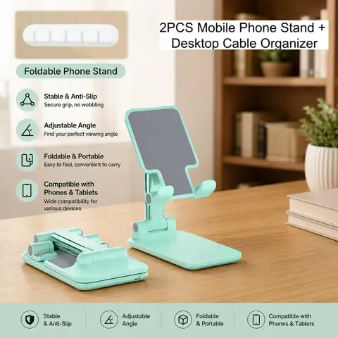Mobile Phone Stand Set (2pcs Mobile Phone Stand + Desktop Cable Organizer), Foldable, Portable, Multi-functional Mobile Phone Stand