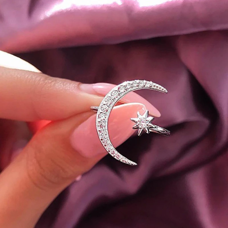 

Hot Selling New Crescent Star And Crescent Ring, Stylish And Creative Open Engagement Ring With Exaggerated Creativity