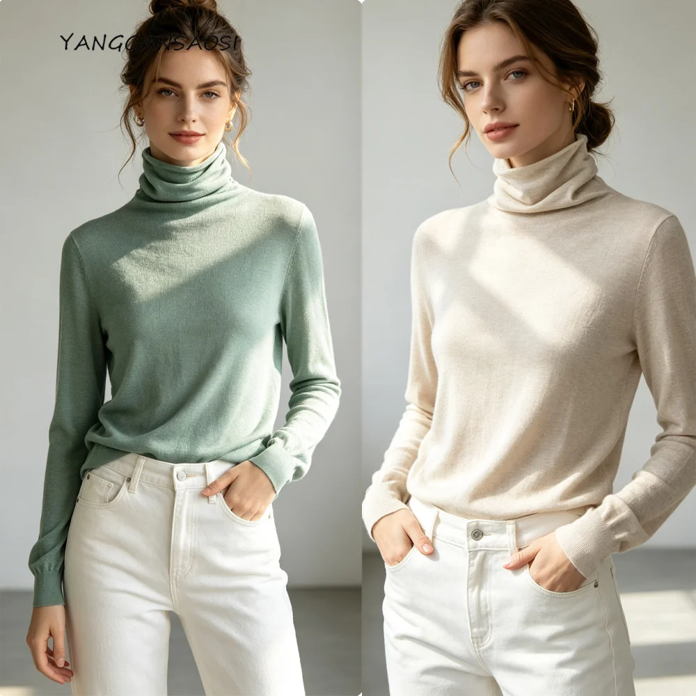 Women's Fashion Autumn New Natural Mulberry Silk Cashmere Blended High Collar Long Sleeve Hoodie Solid Inner Knitted Sweater