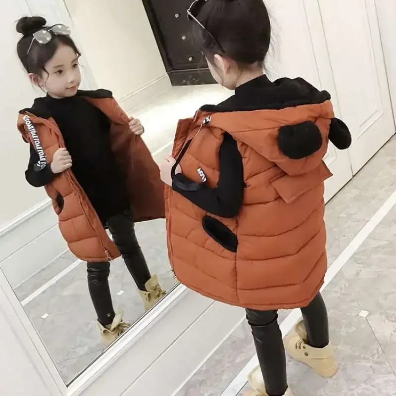 Winter Girls Cartoon Shower Hooded Warm Fleece Lined Long Zip Vest Children Waistcoats School Kids Outfit Tops For 3-14 Years image 3