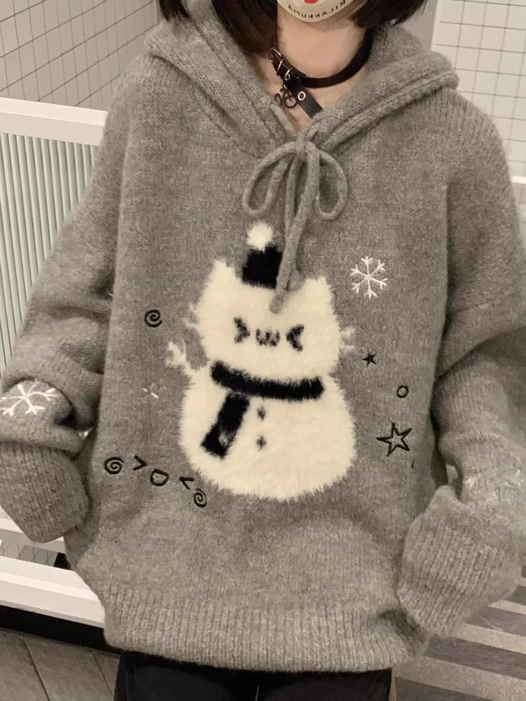 

Korean Chic College Sle Cartoon Snowman Soft Cozy Hoodie ex Autumn Winter Loose Lazy Knitted Sweater Casual Wear