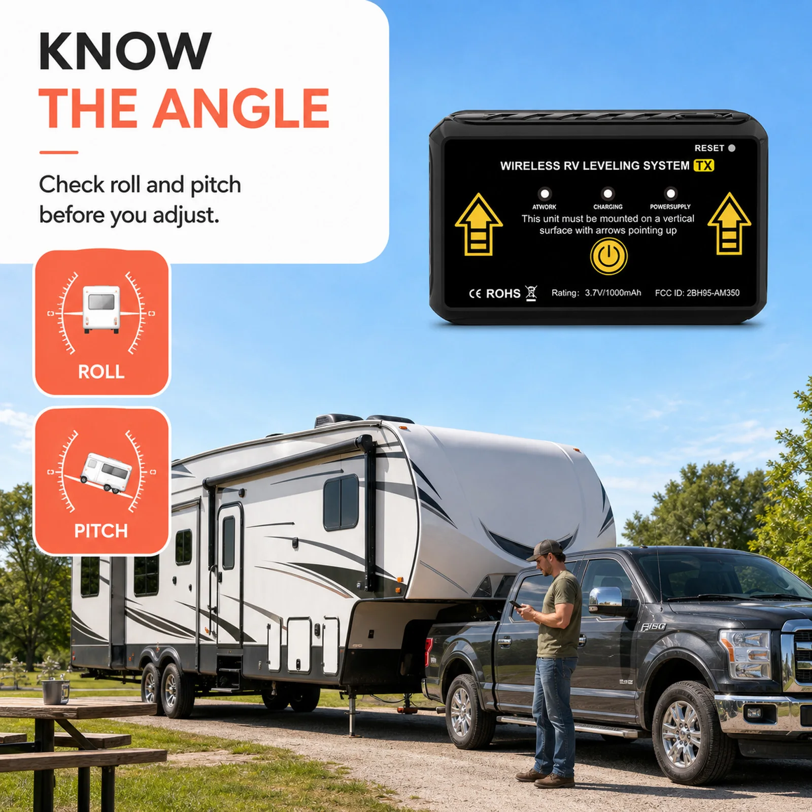 Drahtloses RV-Nivelliersystem AM350-X Bluetooth-Wohnmobil-Nivelliersystem App Echtzeit-Neigungs- und Rollenkontrolle für Wohnmobile und Anhänger – Detail 3