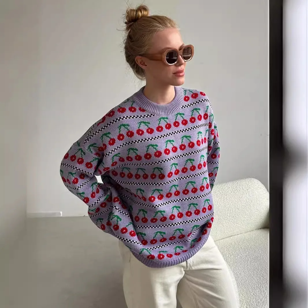

Round neck cherry print sweater European and American autumn and winter new long retro knitted sweater pullover