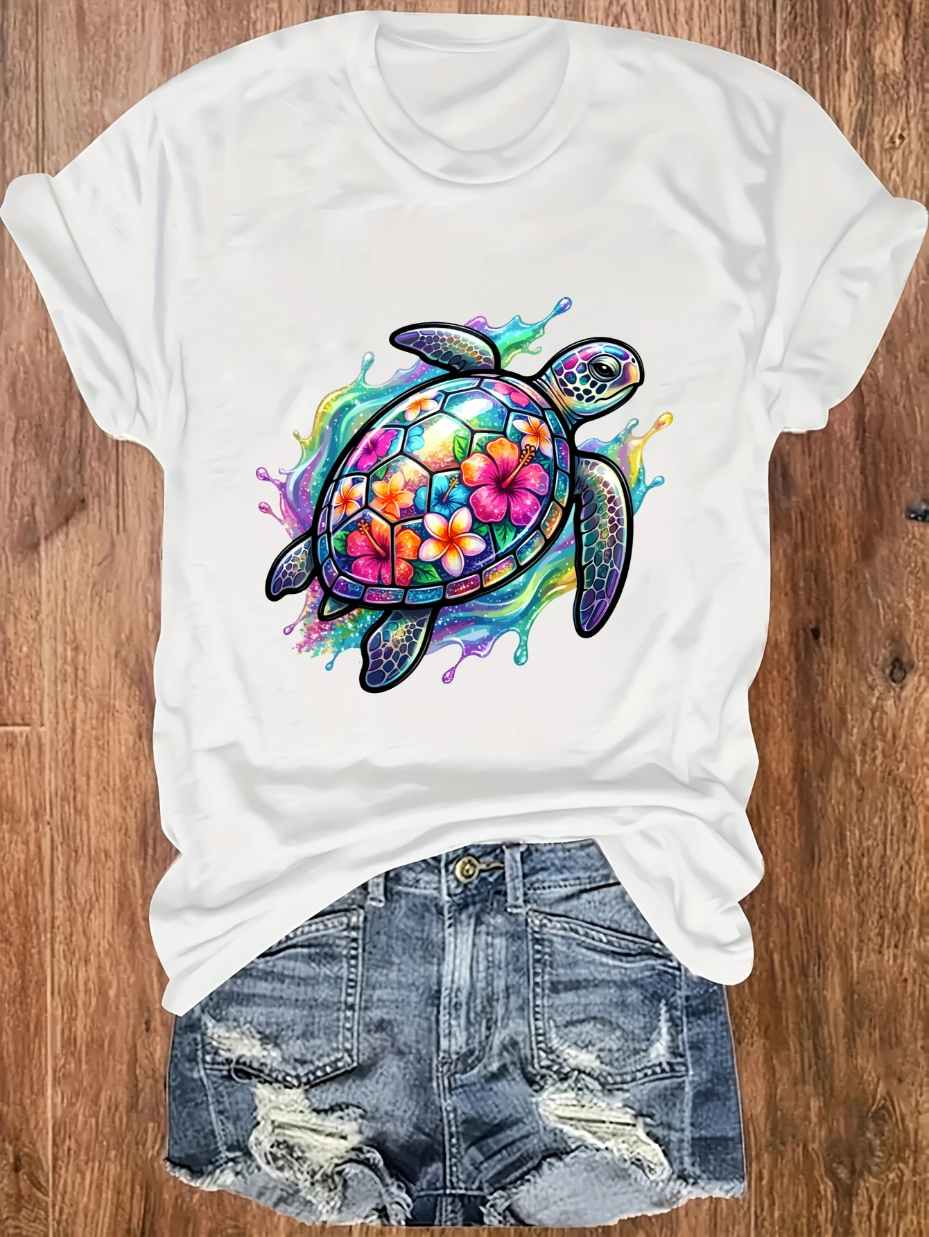 

Women's plus size tank top Colorful Turtle With Flowers And Splash Suitable for sports and daily wear womens clothes summer