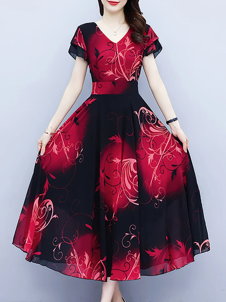 Summer Red Floral Chiffon Short Sleeve V-Neck Midi Robe Summer Vintage Elegant Prom Night Dress 2024 Bodycon Party Long Vestidos