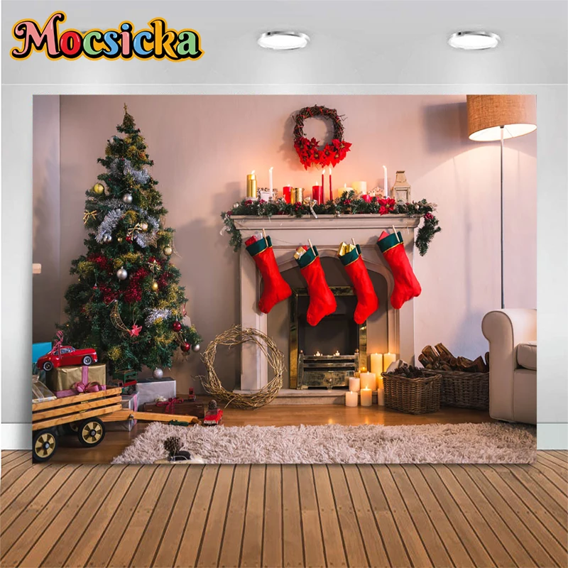 

Mocsicka Christmas Hanging Lamp House Decor Background White Owl Props Art Indoor Snowscape Xmas Tree Backdrop Studio Photobooth
