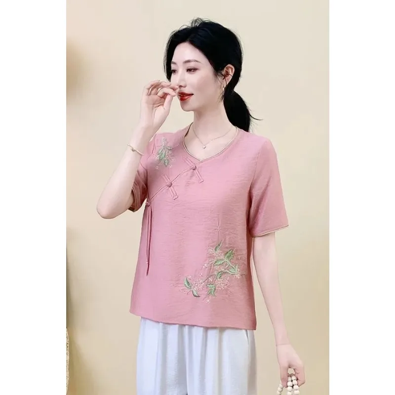 Women's Chinese Style Embroidered Frog Button Short Sleeve Linen Top