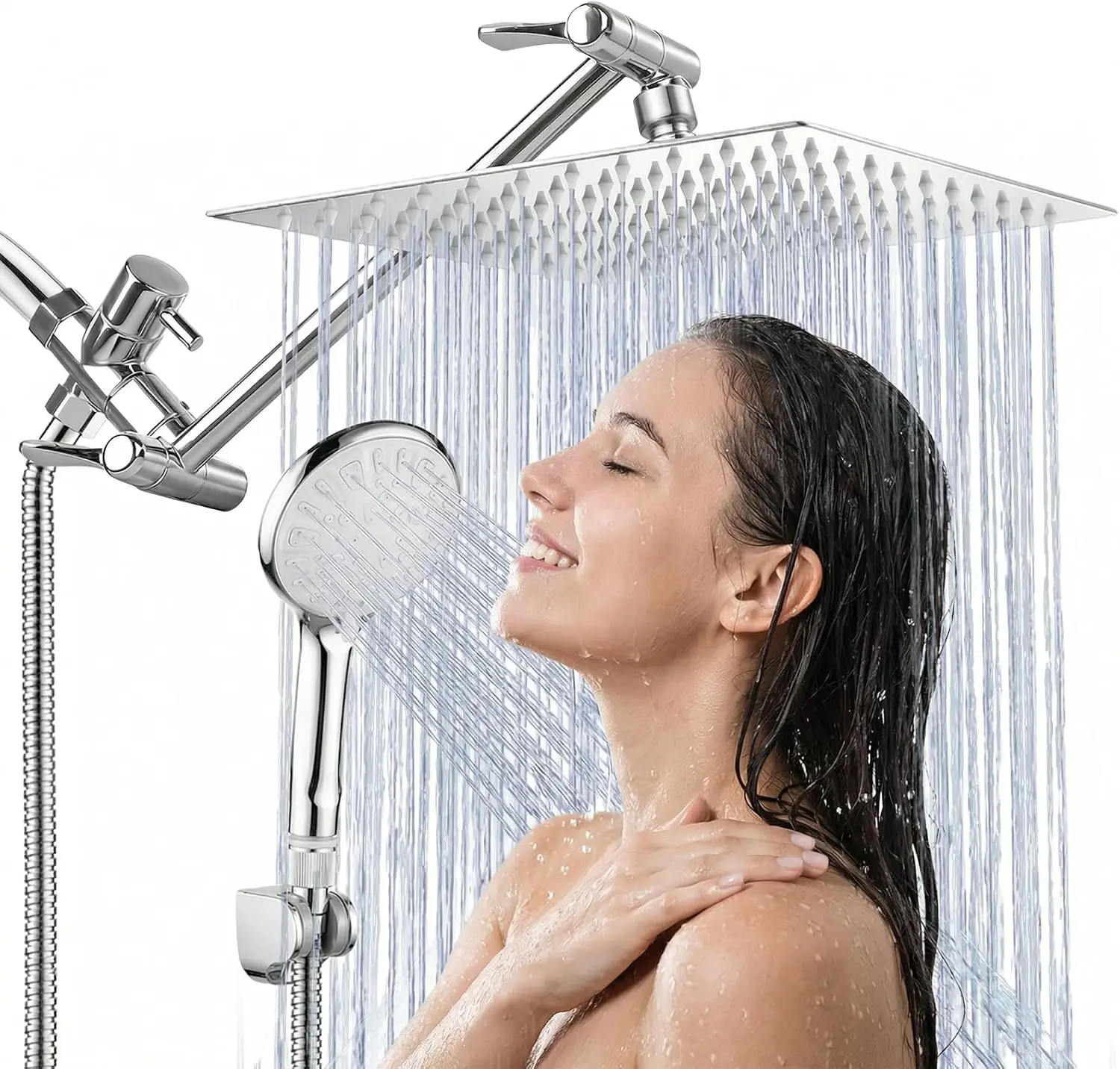 

8 Inch Rainfall Shower Head Combo with 9 Settings Handheld, Adjustable Arm for High Pressure
