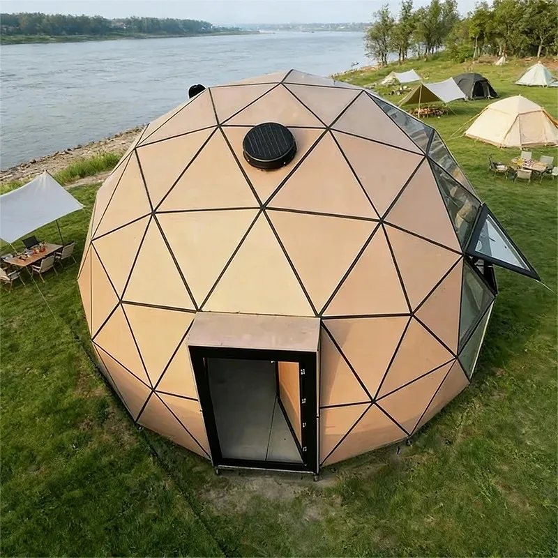 6M Glamping Geodesic Wooden Glass Dome Tent Cabin House for Resort with Durable Aluminum Alloy Structure
