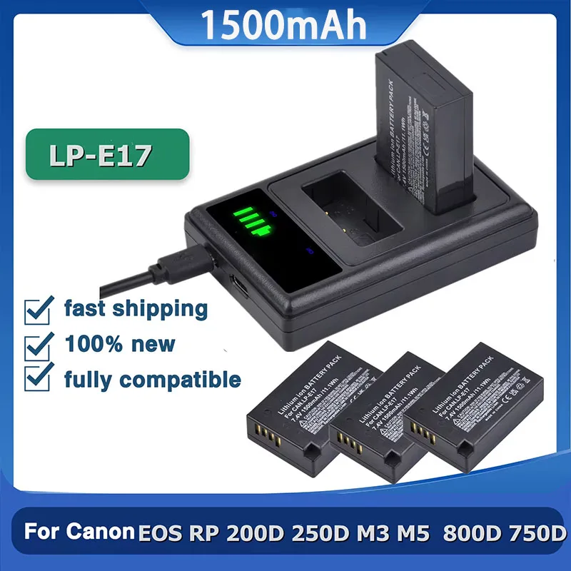 PURFIELD 1500mAh 7.2V LP-E17 Camera Battery + LCD Dual USB Charger for Canon EOS M3 M5 M6 750D 760D T6i T6s 800D 8000D Kiss X8i