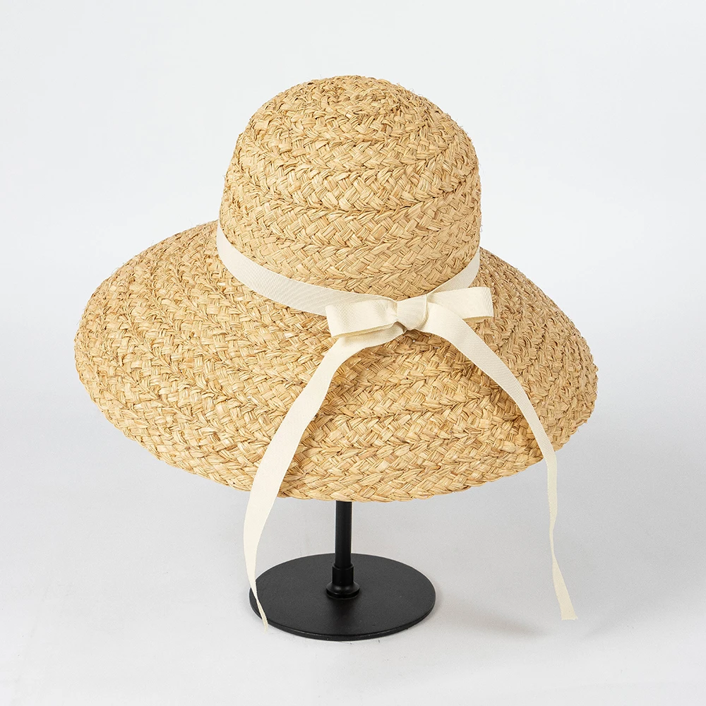 

100% Natural Raffia Straw Bucket Hat Women summer Straw Hat With Ribbon Hand Weaved sstraw Hat