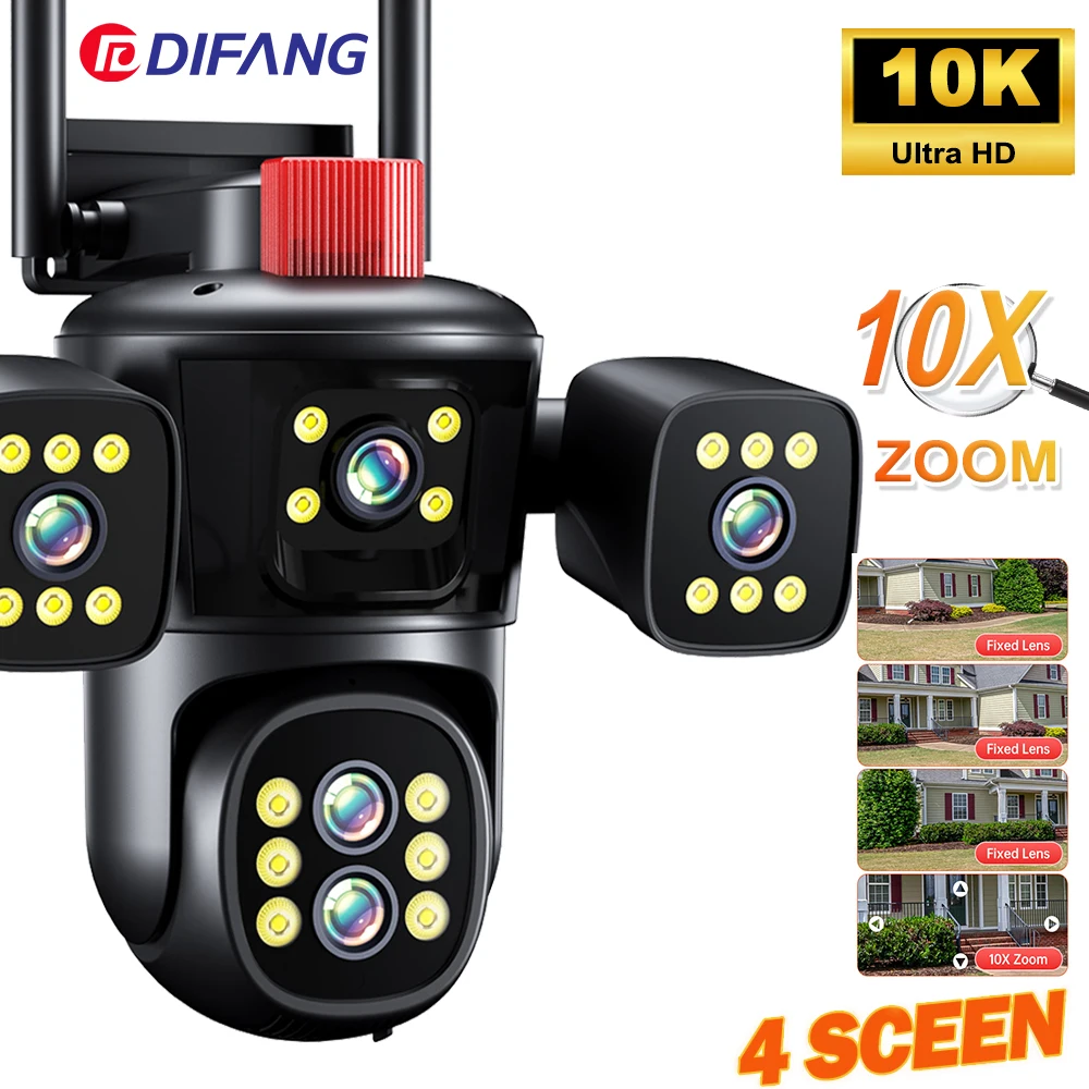 

DIFANG 10K WiFi IP Camera 10X Zoom Outdoor wIfi Surveillance Cam Outdoor Four Screen 360° PTZ Ai Smart CCTV Security Street Cam