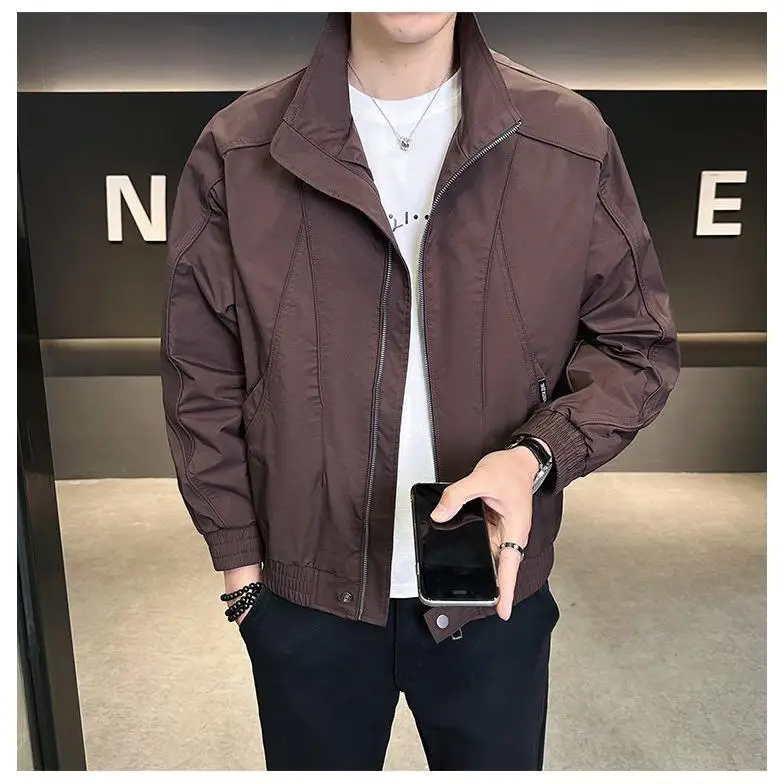 

Autumn New Sle Men's Jaet Pure Color ort Loose Stand Collar Youth Faion Brand Versatile Outerwear Casual Polyester