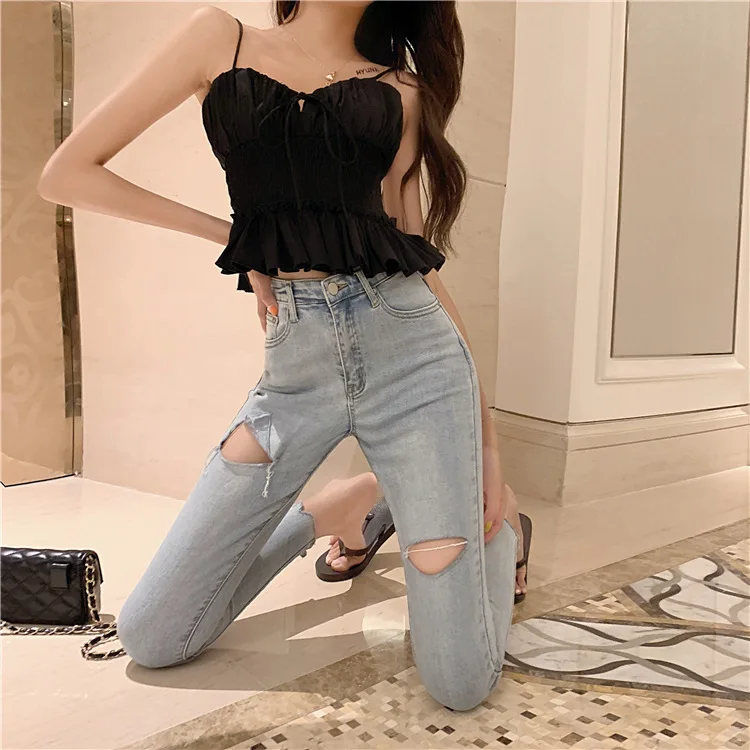 

Spring Fashion Ripped Pants Distressed Waist Slimming Small Leg Jeans Versatile Nine-Point Pants Women's Trend pencil pants