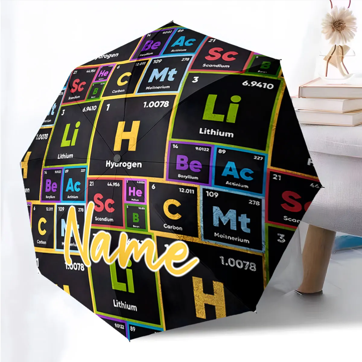 Custom Name Colorful Periodic Table Design Umbrella Print 8 Iron Ribs Folding Umbrella, Auto-Open Fashion Sunshade