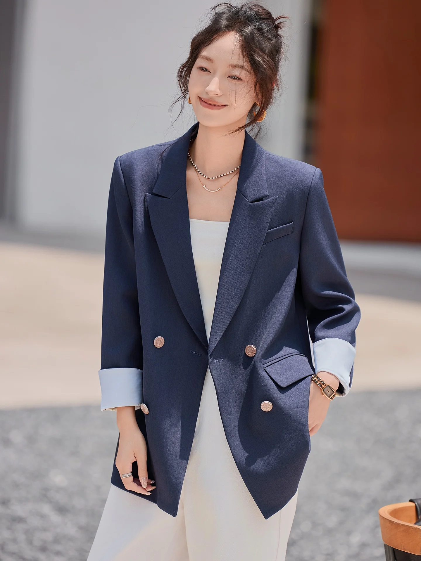 

Gray Suit Jacket Women's Casual Loose Double-Breasted Spring Autumn High-End Feeling Commute Style Fashionable Office Wear