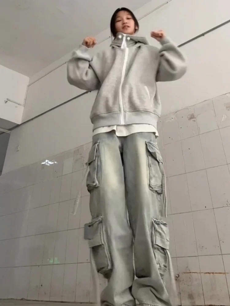 Americano retro thiened oversized casual com capuz aberto cardigan lã moletom feminino outono inverno solto preguiçoso casal outfits