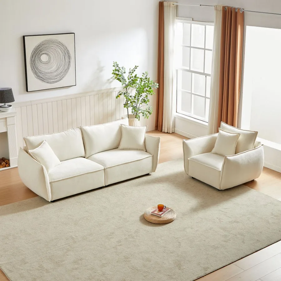 

3Seater + 1Seater Combo Sofa Modern Living Room Sofa Linen Fabric Sofa Wooden Frame with 3 Pillows Apartment Sofa Furniture