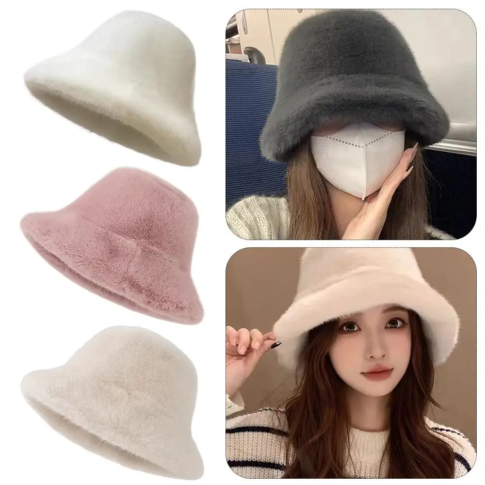 Versatile Large Head Circumference Fisherman's Hat Oversize Warm Winter Furry Hat Earflaps Furry Plush Bucket Hat Women's