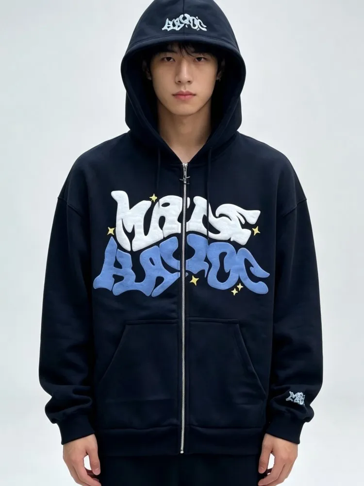 Fashion Letter Printed Zipper Hoodies Men Autumn Section Lazy Trendy Versatile Cardigan Vintage hooded Jacket Clothes Tracksuit