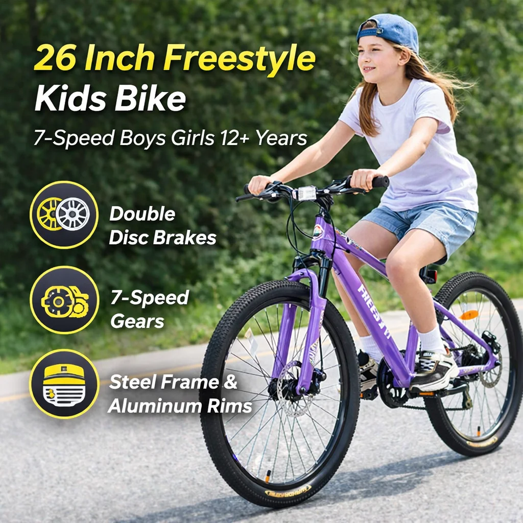 

26-дюймовый детский велосипед для фристайла, 7 скоростей, стальная рама, двойные дисковые тормоза, алюминиевые диски, для города, грязи, снега, гравия, для подростков от 12 лет