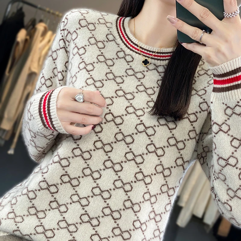 Women\'s 100% Merino Wool Soft Sweater Autumn Winter O-neck Computer Jacquard Pullover Casual Knit Female Cashmere Basis Top