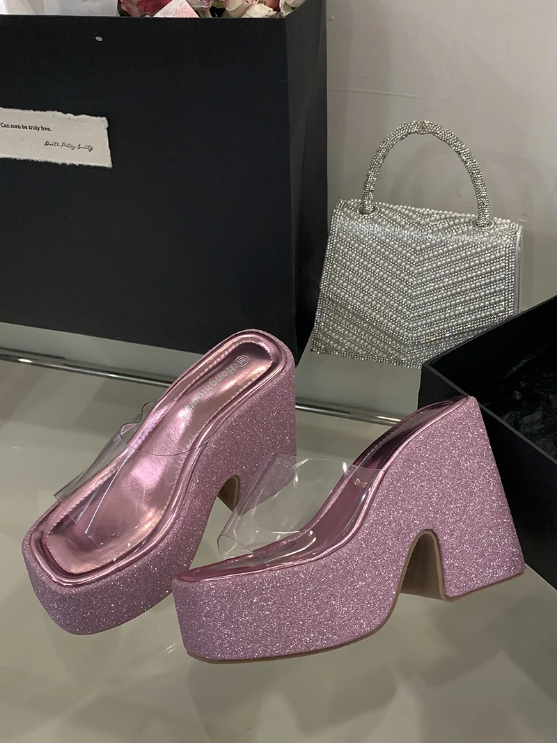 Pink Platform Heels Slippers 12cm Chunky Heeled Sandals For Woman PVC Clear Block Shoes Silver Summer Sandals Ladies Sandales