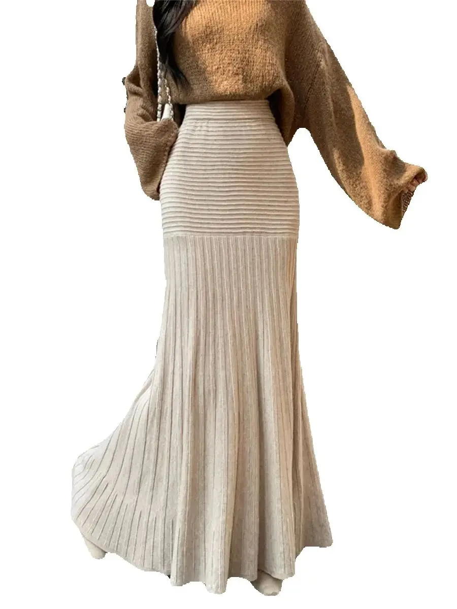 

Elegant Lady Solid Pleated Slim Bodycon Skirt For Women 2025 Autumn Winter New Thickened Warm High Waist Slim Mermaid Skirt