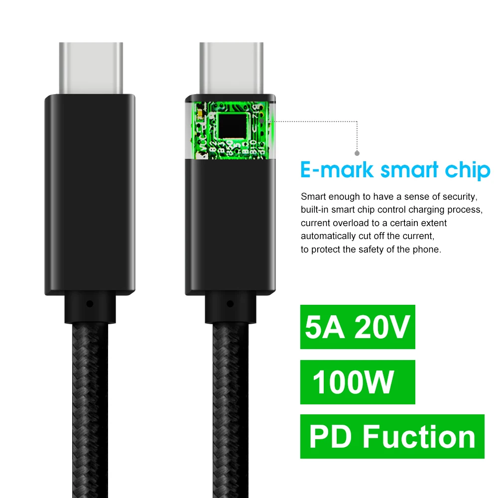 Full-Function USB3.2 Gen2 Charge C Cable 3M 10FT Audio Video 4K Display 100W Type C Power Kabel for Phone Macbook Laptop