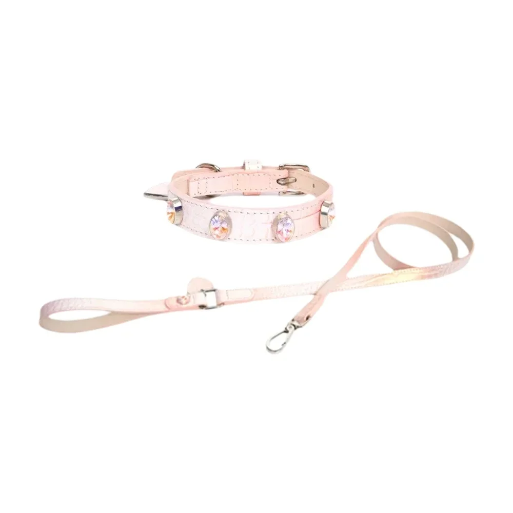 

Pink Bling Rhinestones Dog Cat Collar Leash Genuiner Leather Heart Pendant Diamond Collar Small Dog Cat Necklace Pet Product