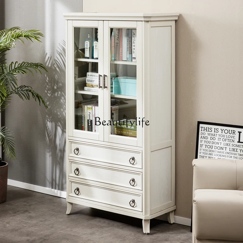 

American white cream wind pure solid wood bookshelf floor-to-ceiling bookcase glass door integrated wall shelf