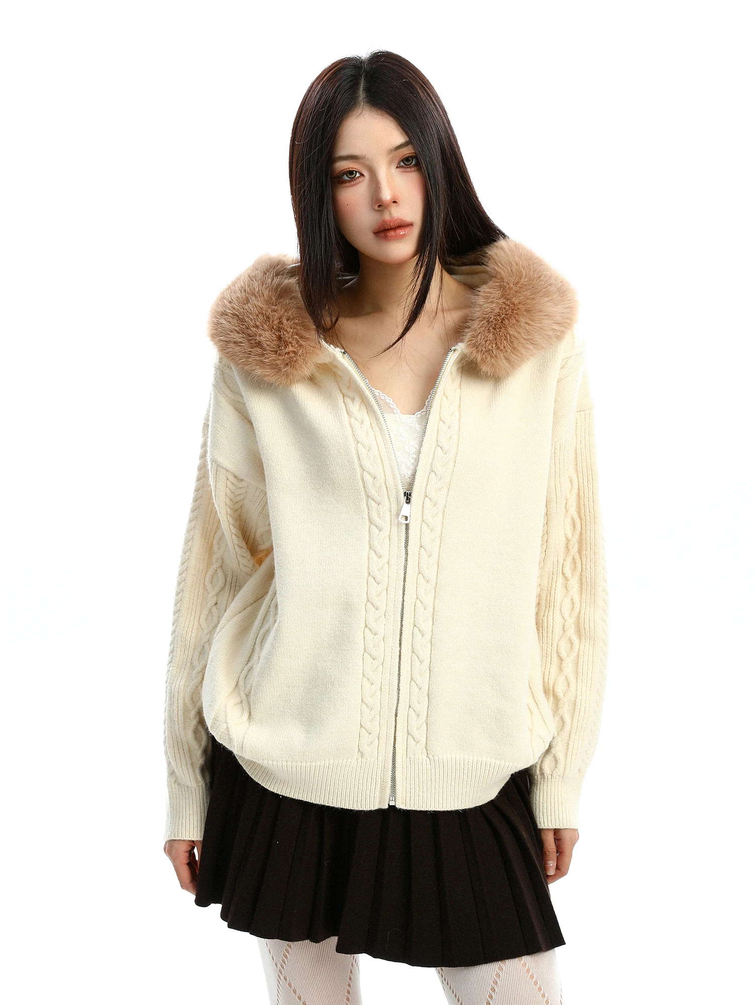 

Женская осенне-зимняя вязаная кофта с меховым воротником, узором косы, повседневная теплая верхняя одежда на молнии, цветная