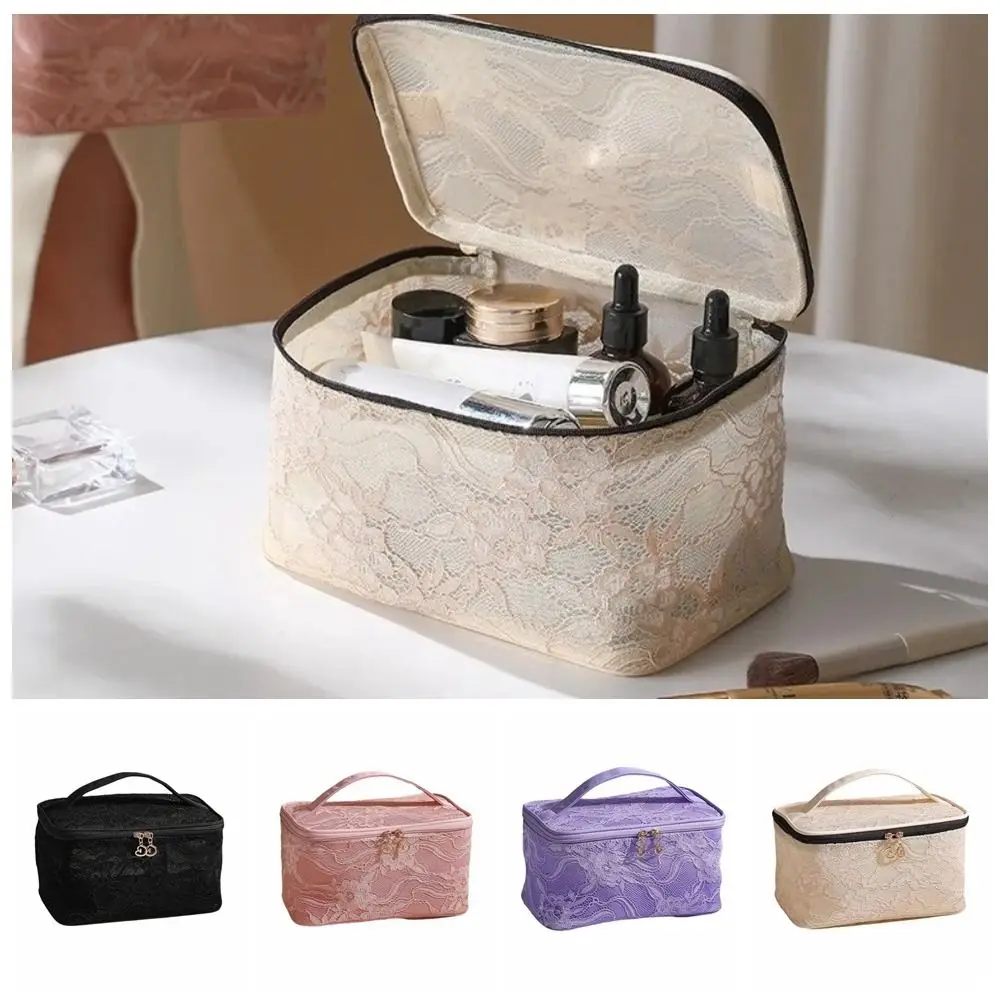 

Portable Solid Color Lace Makeup Bag Large Capacity Floral Cosmetic Storage Bag Multifunctional with Handle Toilet Bag Party