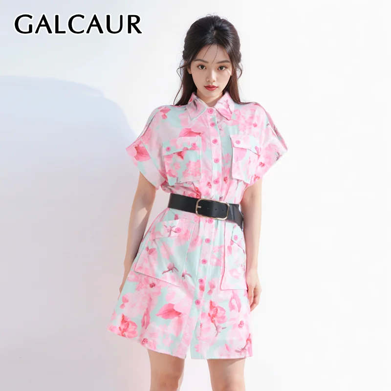 

GALCAUR Patchwork Belt Dresses For Women Lapel Short Sleeve High Waist Colorblock Summe Printing Elegant Midi Dress Female New