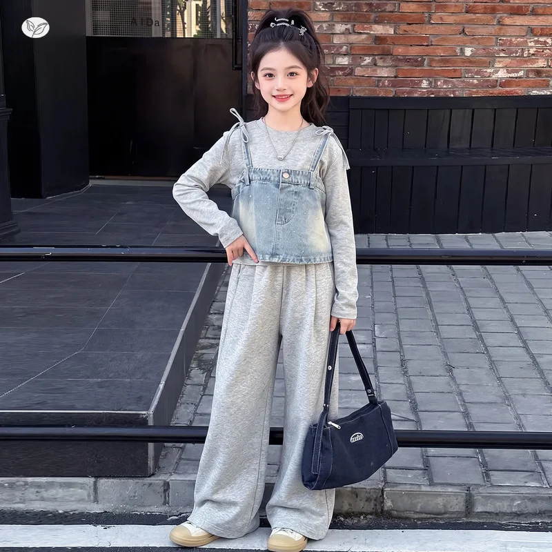 Girls' casual outfit2026New autumn collection for older children: base shirt and wide-leg pants, two-way wear denim, children's