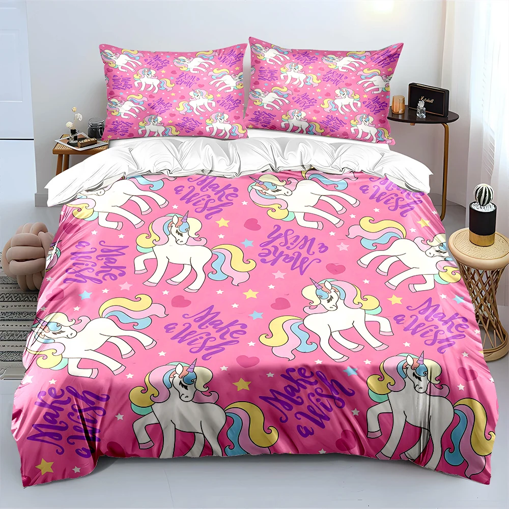 3-teiliges Bettwäsche-Set mit bunten Einhörnern und rosa Hintergrund, 1 Bettbezug, 2 Kissenbezüge für Erwachsene und Kinder, Luxus-Geschenk in voller Größe