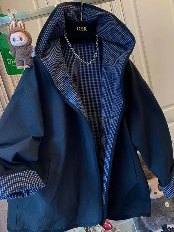 

Женская двусторонняя ветровка больших размеров в клетку с капюшоном, модная осенняя куртка в британском стиле, солнцезащитная, с длинными рукавами