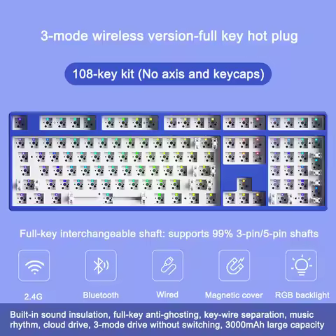 Mechanical Keyboard Kit Custom Barebone Keyboard RGB Backlit 3/5-Pin Hotswap Mechanical Gaming Keyboard Gasket 3 Mode Bluetooth