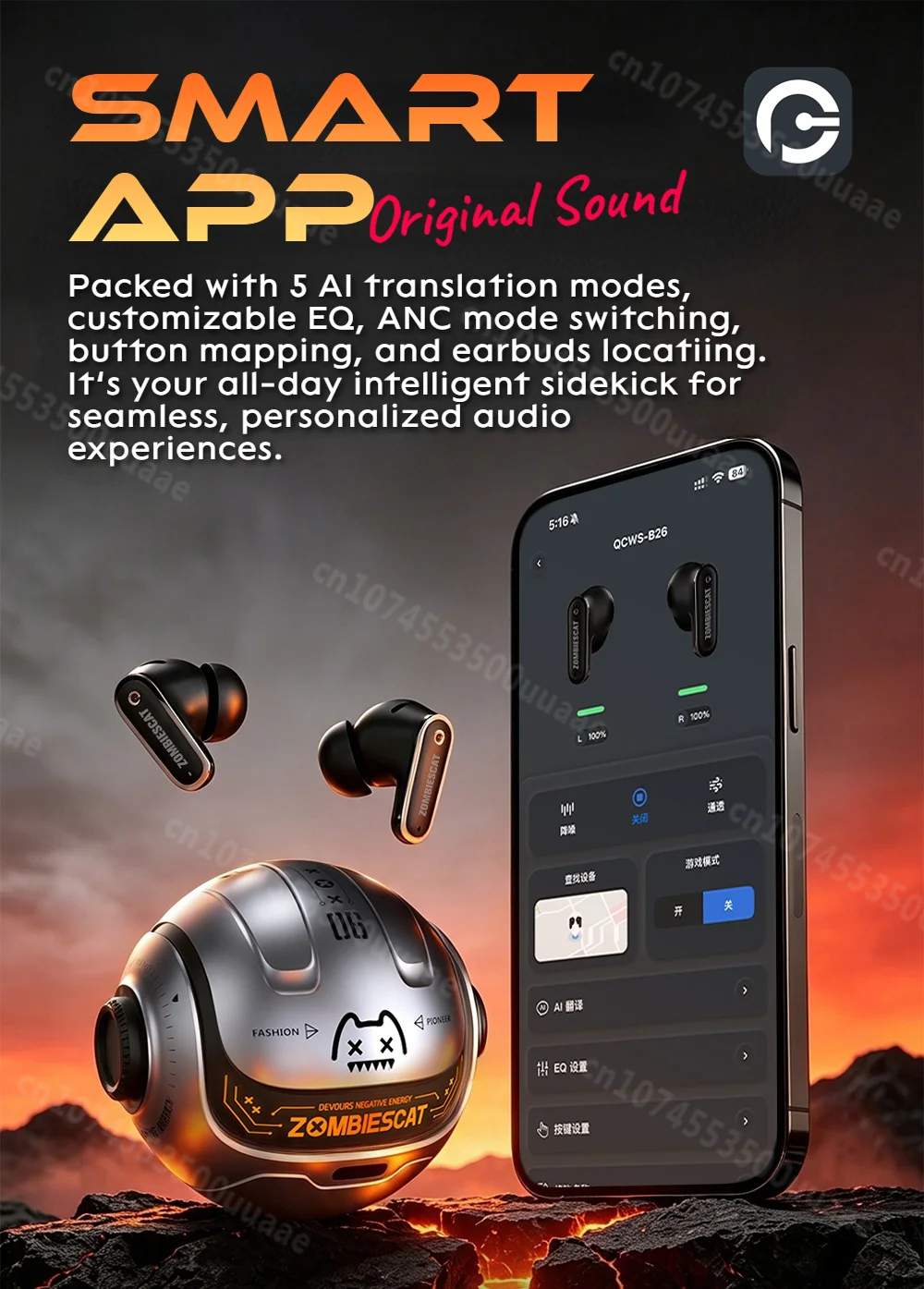 Zombies Cat B26 Alloy Mecha ANC Ohrhörer -45dB Aktive Geräuschunterdrückung Bluetooth 6.0 Kopfhörer KI-Übersetzung Kopfhörer mit APP – Detail 6