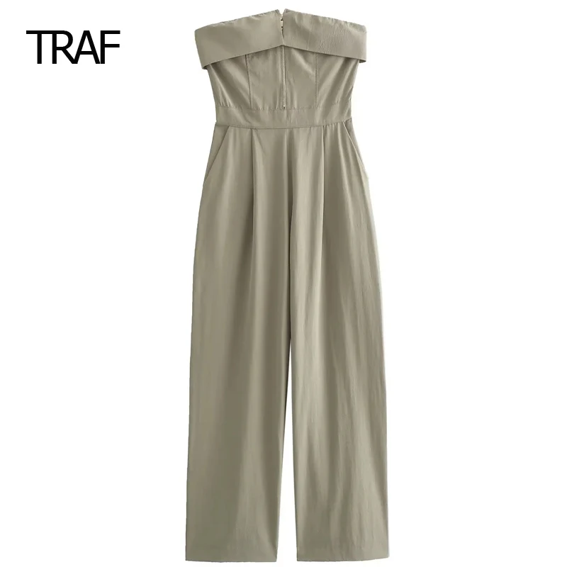 

TRAF Strapless Jumpsuits Women Jumpsuit Spring Summer 2024 Off Shoulder Sleeveless Backless Zipper Long Jumpsuit Casual Overalls