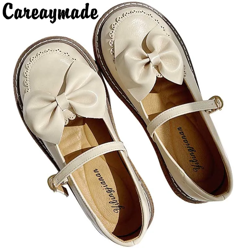 Careaymade-Lady Korean sweet&lovely summer sandals buckle shallow mouth bow women\'s shoes literary flat shoes the retro art shoe