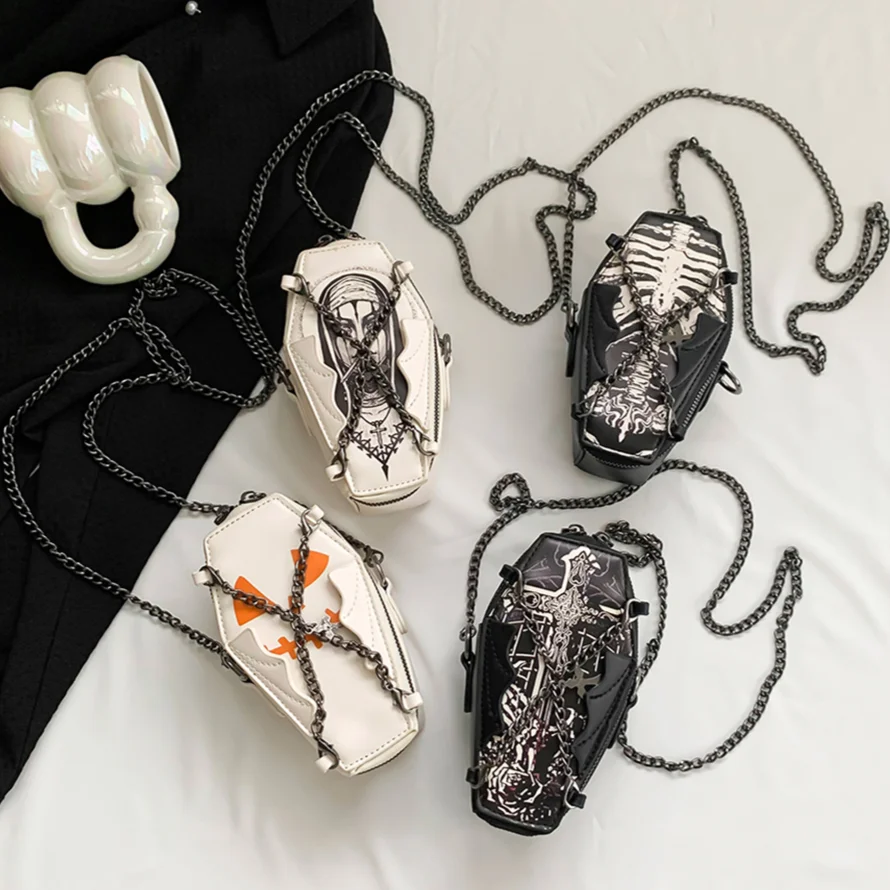 Y2K Novelty Ghost/Cross/Skull Phone Bag 2023 Halloween Luxury Coffin Purse Gothic Chain Clutch Bag PU Leather Punk Crossbody Bag