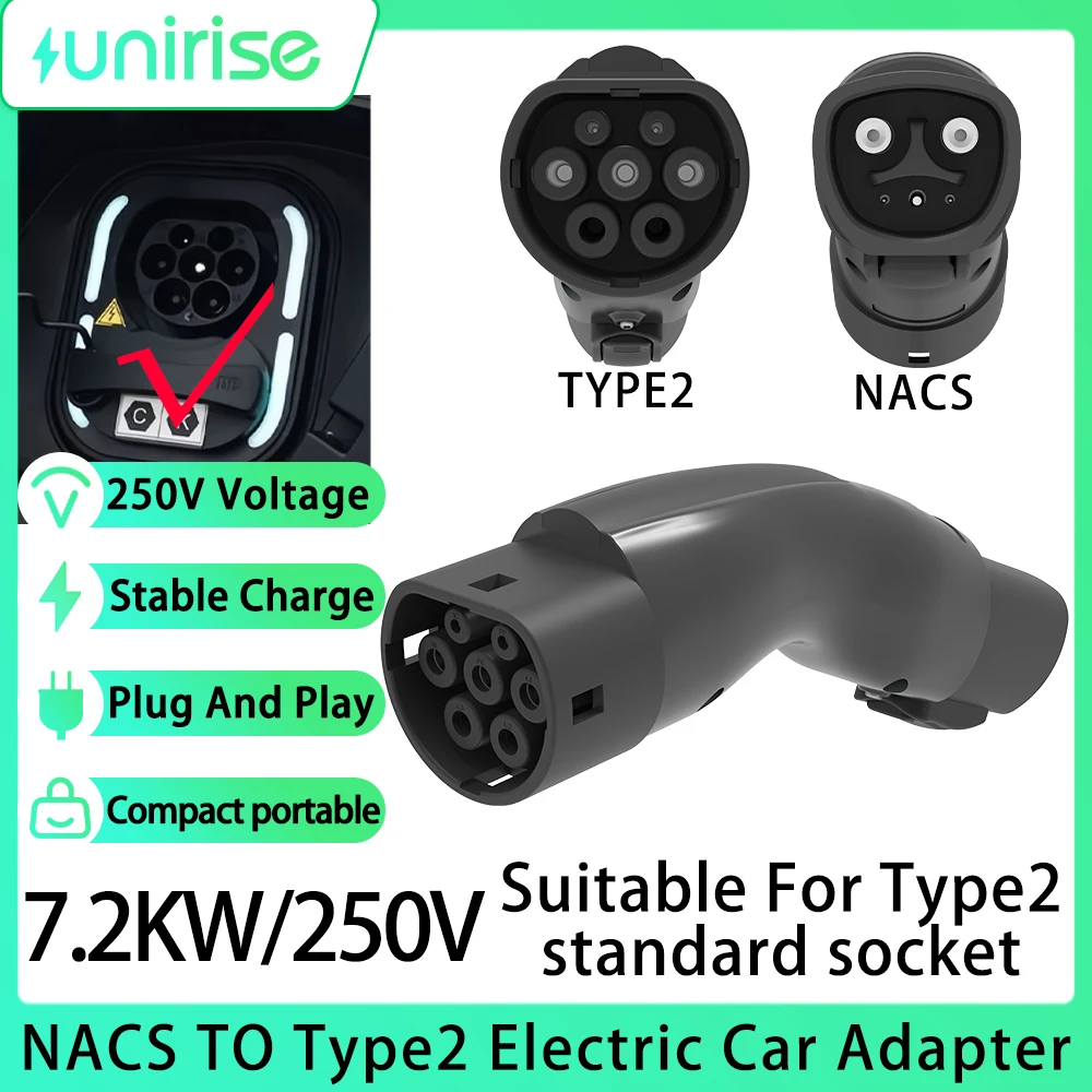 

Адаптер зарядного устройства Unirise 7,2 кВт NACS на Type2 EV, 250 В для разъема зарядки электромобиля, преобразователь зарядки Tesla в TYPE2 Ev