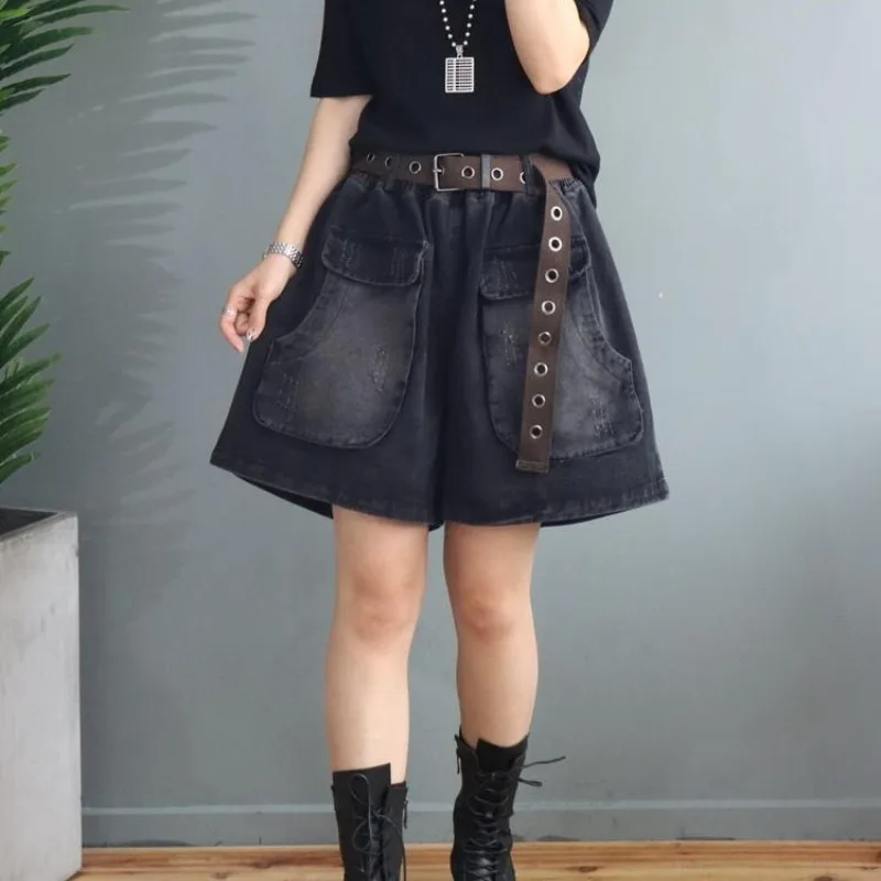 

Korean Fashion Summer Women's Elastic Waist Pockets Distressed Simplicity Street Casual High Waist Loose Cowboy Wide Leg Shorts